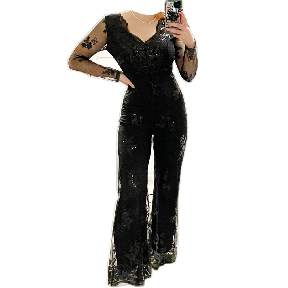 Altar’d State Sequin Flower Black Mesh Jumpsuit
